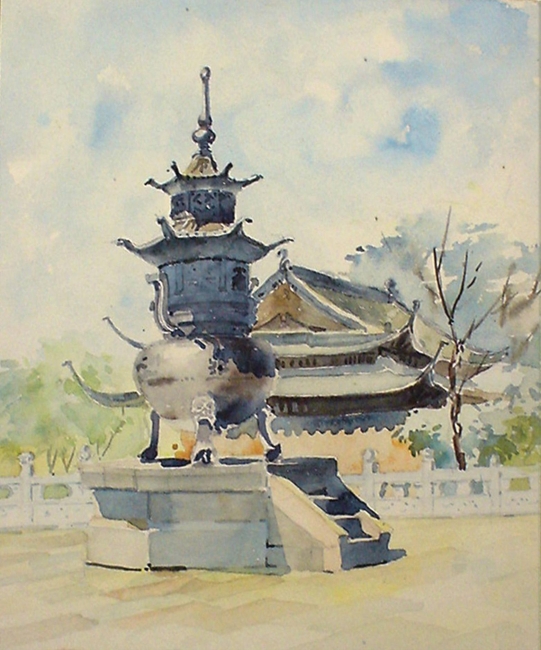 朱保良:苏州宋代玄妙观前的大香鼎(建筑水彩画,265×210mm)1956 朱保良:苏州宋代玄妙观前的大香鼎(建筑水彩画,265×210mm)1956